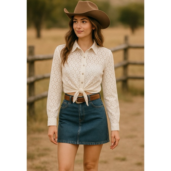 Wrangler Tops - Vintage Wrangler Western Wear White Lace Tie-Front Shirt Top